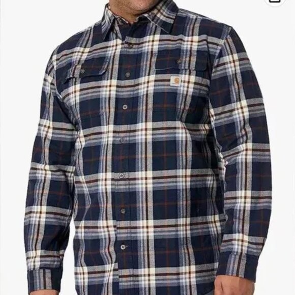 Carhartt 2XLT Loose Fit Heavyweight Flannel Long Sleeve Plaid Shirt Navy 105078 - Picture 2 of 11